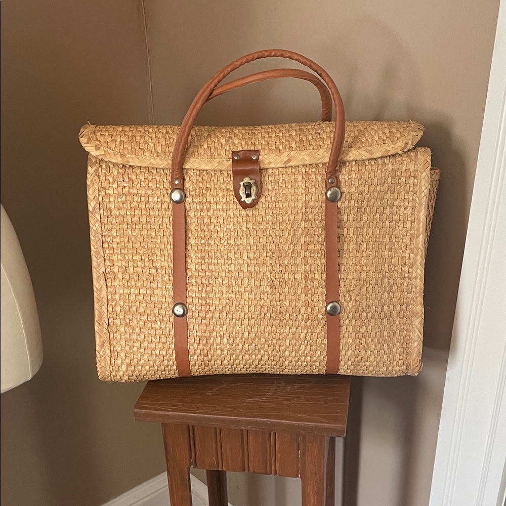 Woven Straw Tote Bag with Brown Leather Trim